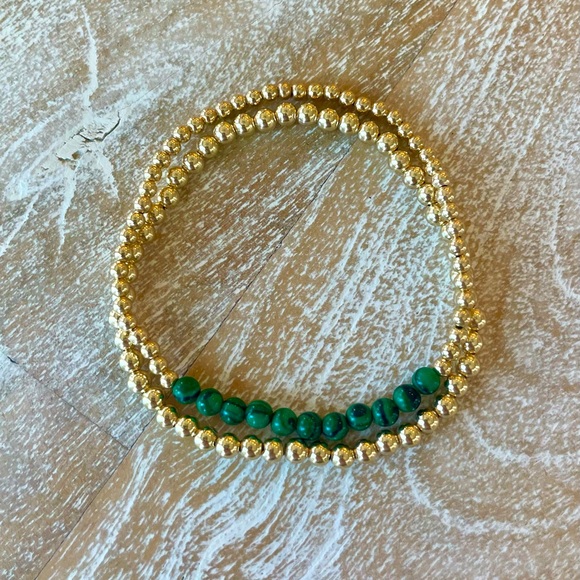 Handmade 14k gold filled bead stretch malachite bracelet - Picture 3 of 14